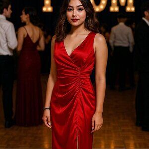 Blondie Nites by Linda Bernell Red Satin V-neck Midi Dress - size 8 / Medium